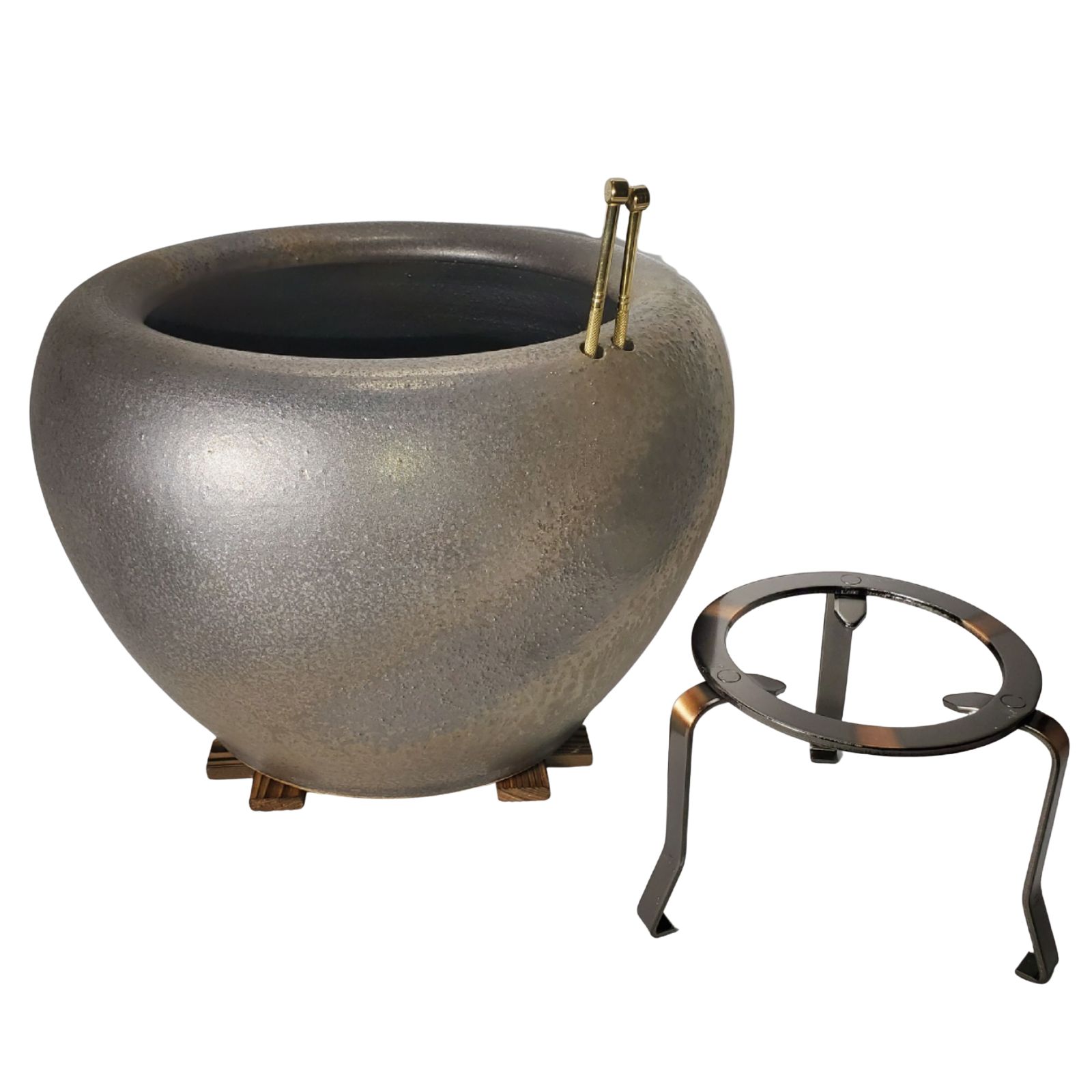砂釉金彩火鉢 10号 ４点セット 火箸 五徳 井ゲタ付き 信楽焼き 陶器 火鉢 暖房 わら灰 木炭 灰 ひばち 囲炉裏 灰汁 B 026 04