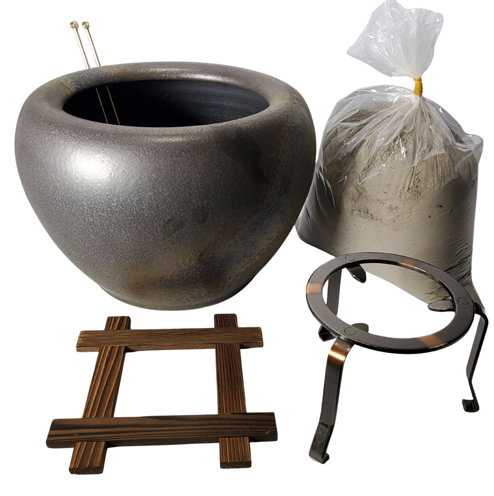 わら灰付 砂釉金彩火鉢 10号 ５点 セット 信楽焼き 陶器 火鉢 暖房 わら灰 木炭 灰 ひばち 囲炉裏 灰汁 B 026-14