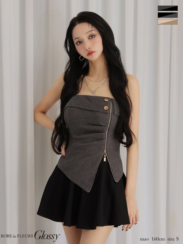 グレーxブラック OF08 GL4607-GYxB-2511 Glossy グロッシー ベアトップ アシンメトリー セットアップ フ ミニドレス キャバドレス