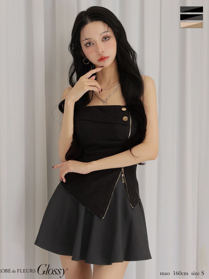 ブラックxグレー OF08 GL4607-GYxB-2511 Glossy グロッシー ベアトップ アシンメトリー セットアップ フ ミニドレス キャバドレス