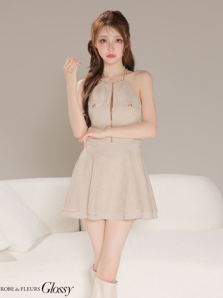 ベージュ OF 08 GL 4218-BE-2510 Glossy グロッシー チェックレース ツイル セットアップ フ ミニドレス キャバドレス