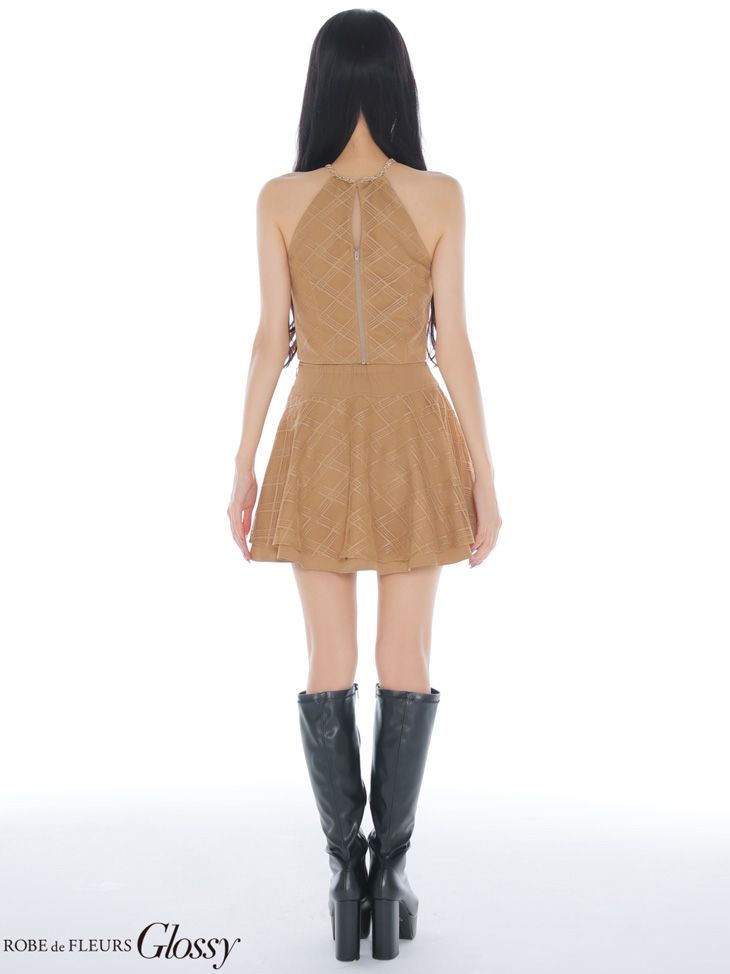 キャメル OF08 GL4218-BE-2510 Glossy グロッシー チェックレース ツイル セットアップ フ ミニドレス キャバドレス