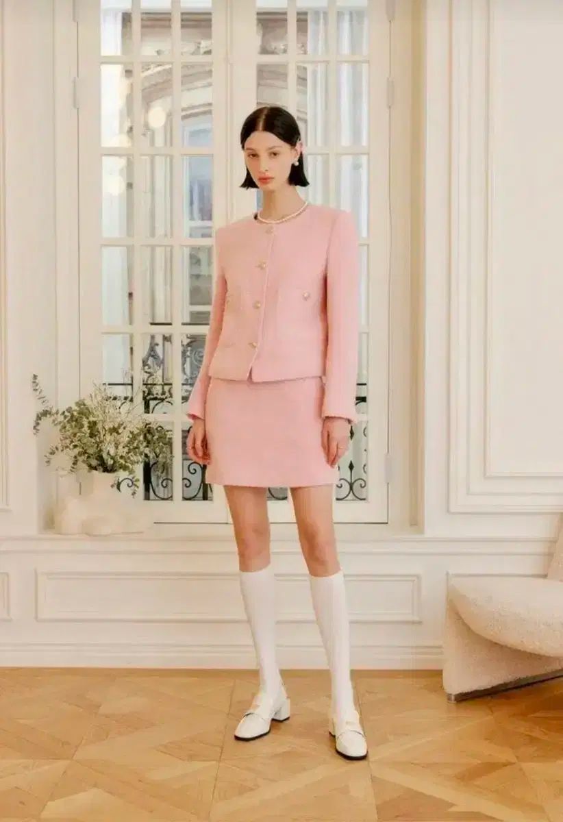 LOOKAST ピンク ウール ツイード セットアップ (ジャケット S スカート M) キルティング裏地