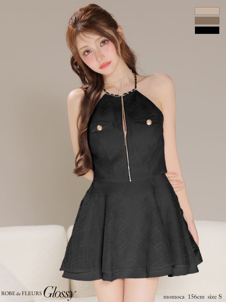 ブラック OF08 GL4218-BE-2510 Glossy グロッシー チェックレース ツイル セットアップ フ ミニドレス キャバドレス