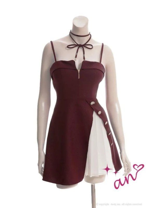 ワインレッド×ホワイト OF05 AOC4009-BxW-2510 an アン チョーカー付き ラメ バストジップ ビジューボタン アシンメトリー キャミ フ ミニドレス キャバドレス
