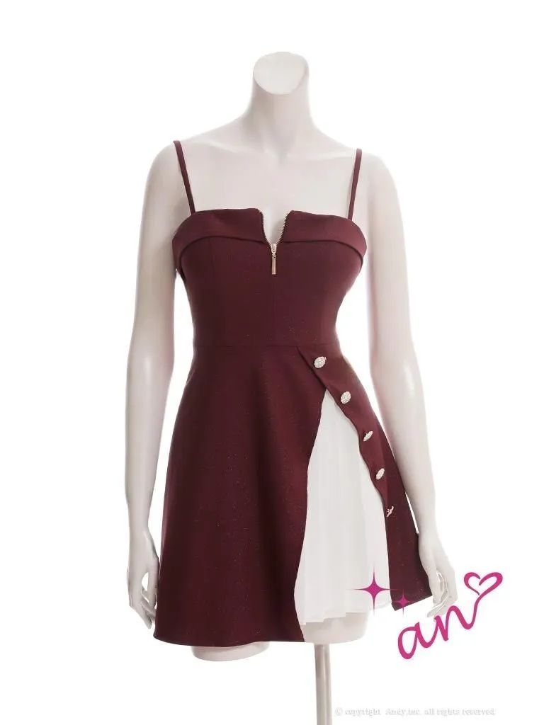 ワインレッド×ホワイト OF05 AOC4009-BxW-2510 an アン チョーカー付き ラメ バストジップ ビジューボタン アシンメトリー キャミ フ ミニドレス キャバドレス