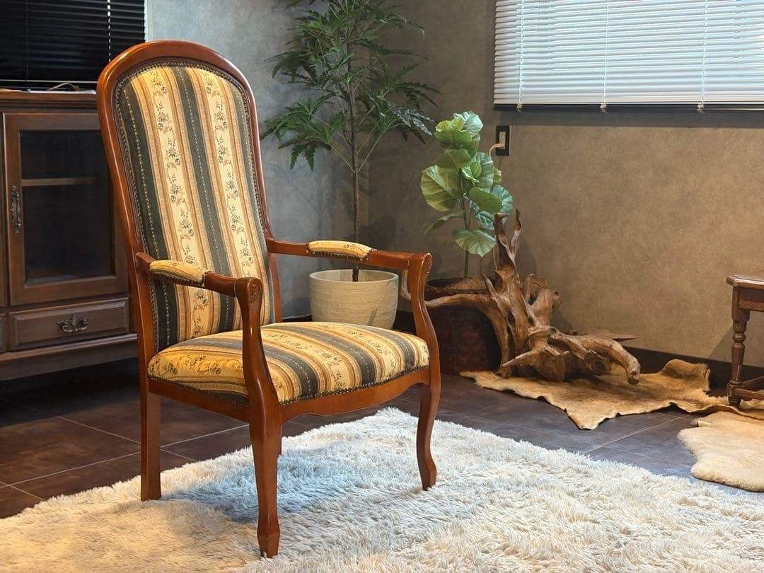輸入家具　クラシック　ヨーロピアン　ストライプ　ハイバックチェア　アーム　SZ 輸入家具 クラシック ヨーロピアン ストライプ ハイバックチェア
