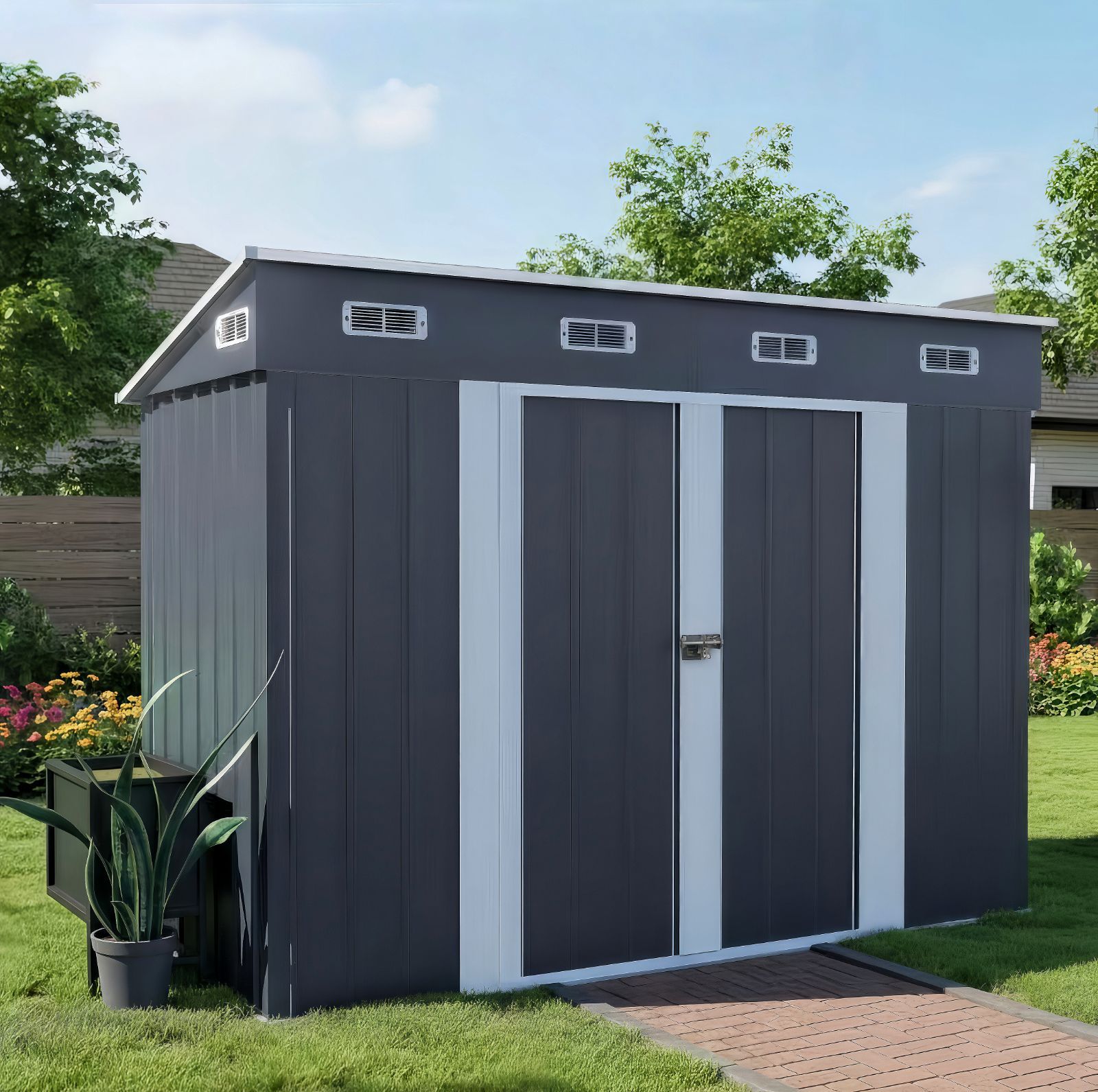 数量 NARUKAMI大容量屋外収納スチール製 可動棚ナシ 屋外物置 幅270×奥行126×高189cm｜防錆 防水 観音扉タイプ 床補強フレーム付き DIY組立式 グレーホワイト ブルーグレー