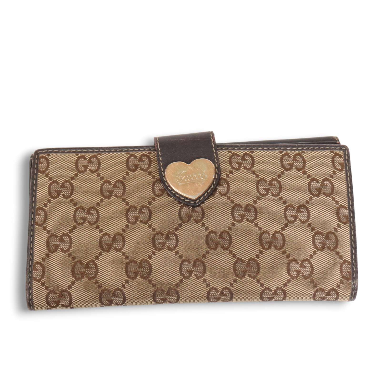 週末特別価格　美品　GUCCI グッチ　ハート　茶色　キャンバス　ロゴ　長財布 GUCCI グッチ 203550・2149☆ GGキャンバス レザー ハート 長財布 Sz.F