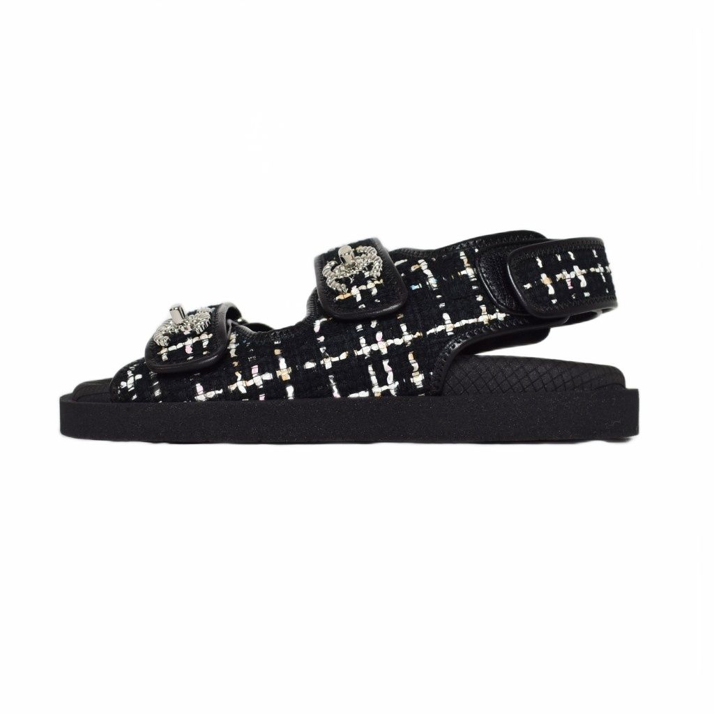 シャネル CHANEL ツイード ラムスキン コンフォートサンダル ココマーク 36 黒 ブラック G 34726 AA