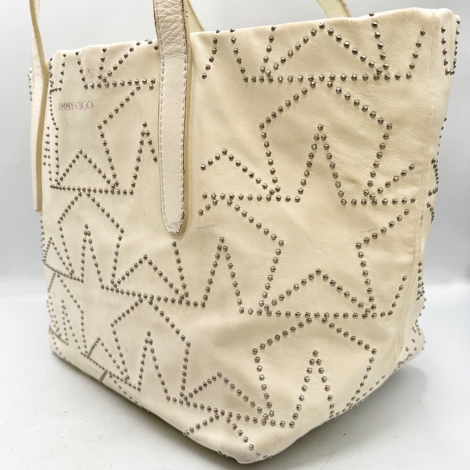 JIMMY CHOO スター スタッズ トートバッグ ホワイト×シルバースタッズ バッグ レザー 通勤 通学 デザイン ホログラム有り 1品限り‼ トートバッグ バッグ