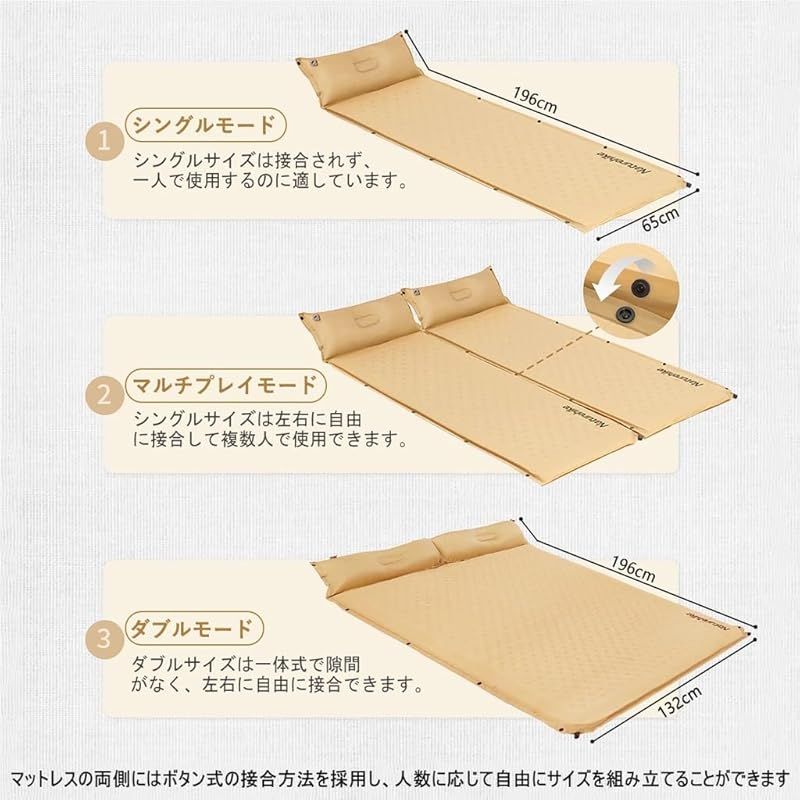 Naturehike アウトドアマット自動膨張式 エアマット キャンプマット 高反発 フォーム構造 硬さ複数連結 190Tポリエステル複合PVC生地 防水防潮コンパクト携帯便利 山登り花見車中泊テント防災 キャンプ用品 浅黄 1人用 新エアバルブ 長さ