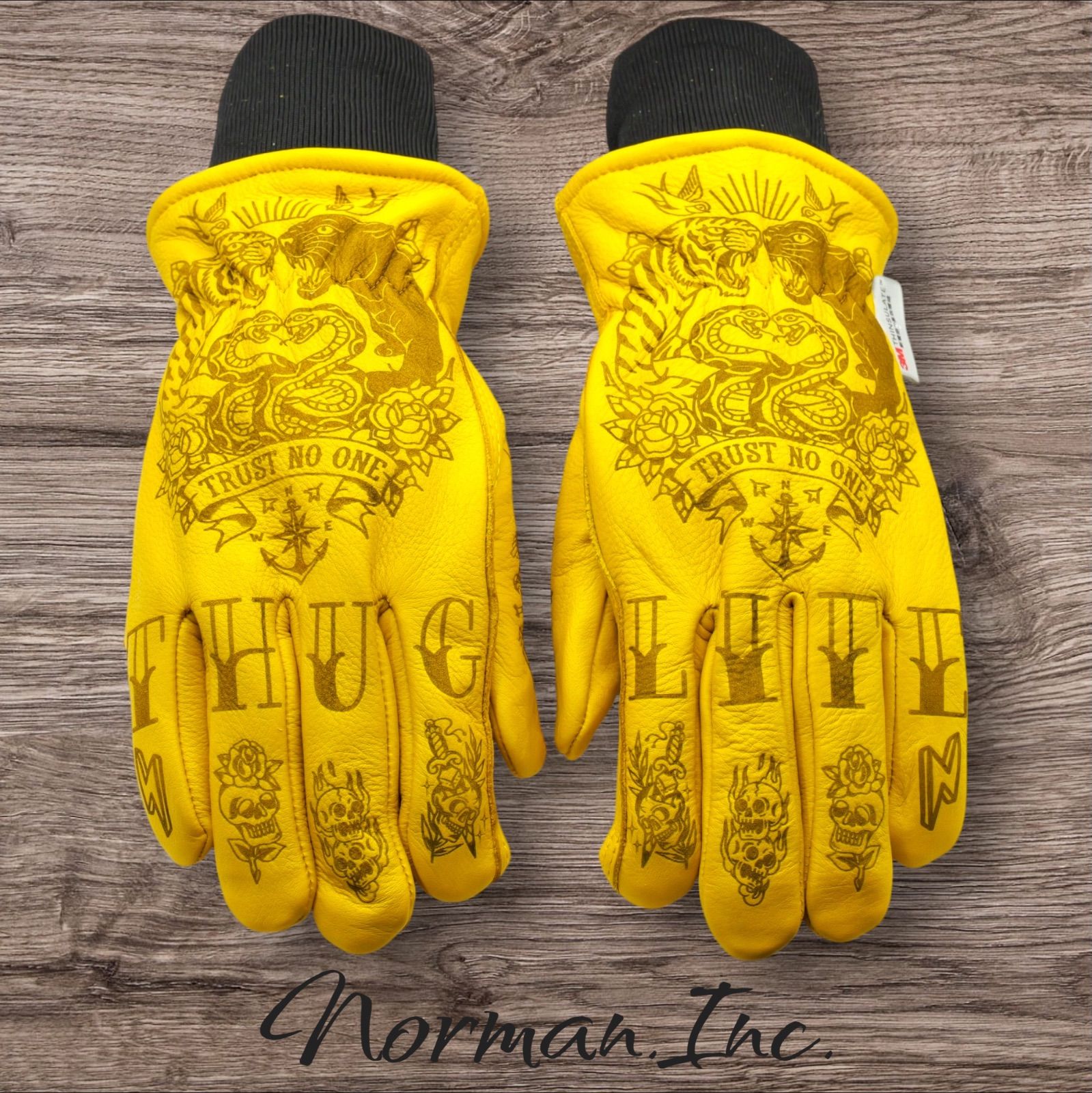 牛革 冬用 保温綿 裏起毛 レザーグローブ リブ付き アメリカン バイク ハーレー カスタム タトゥー 手袋 キャンプ DIY カスタムグローブ 3 M ツーリング L XLサイズ