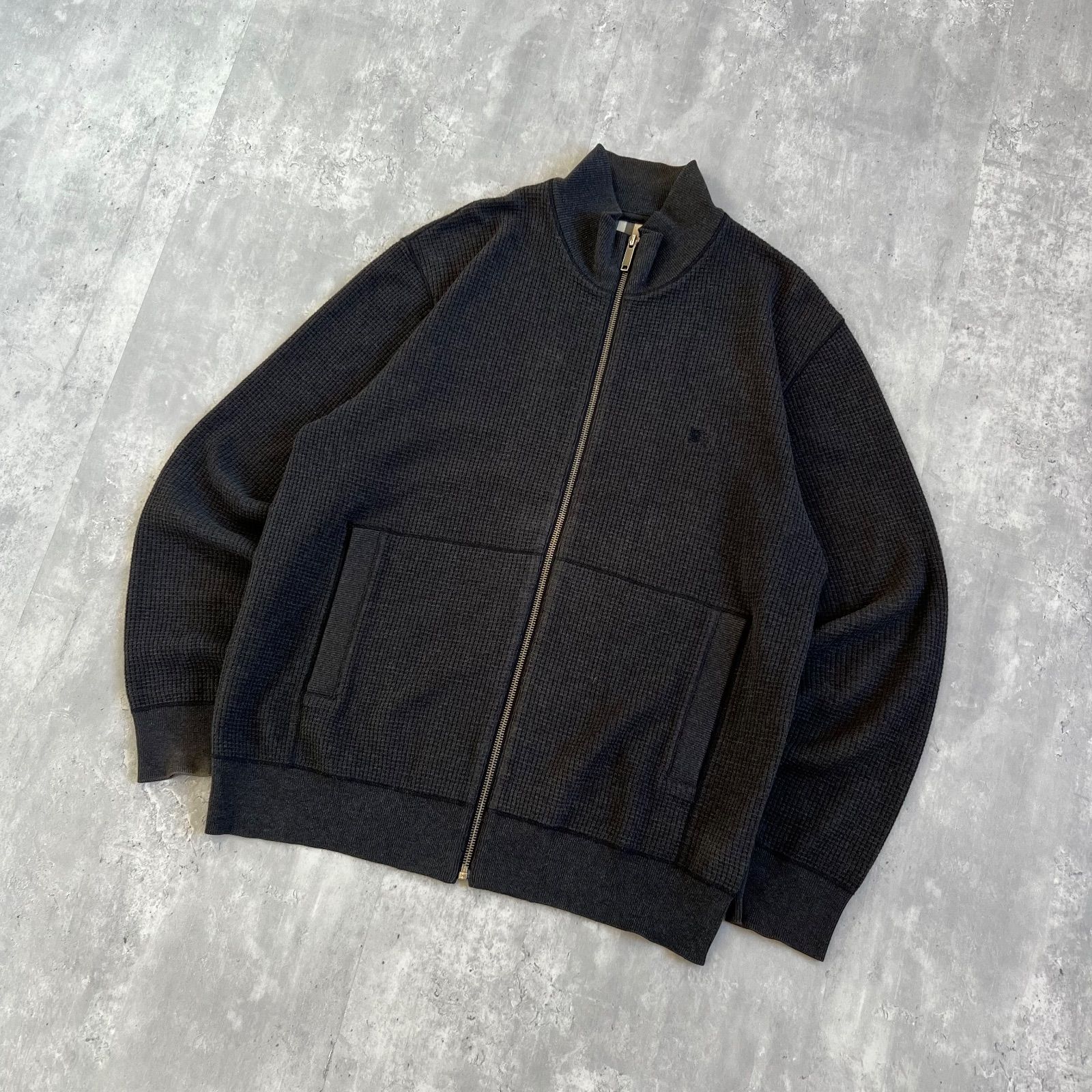 【極美品/L】バーバリーロンドン ニットジャケット ダブルファスナー レザー 黒 BURBERRY LONDON / バーバリーロンドン コットンワッフルニット ジップ
