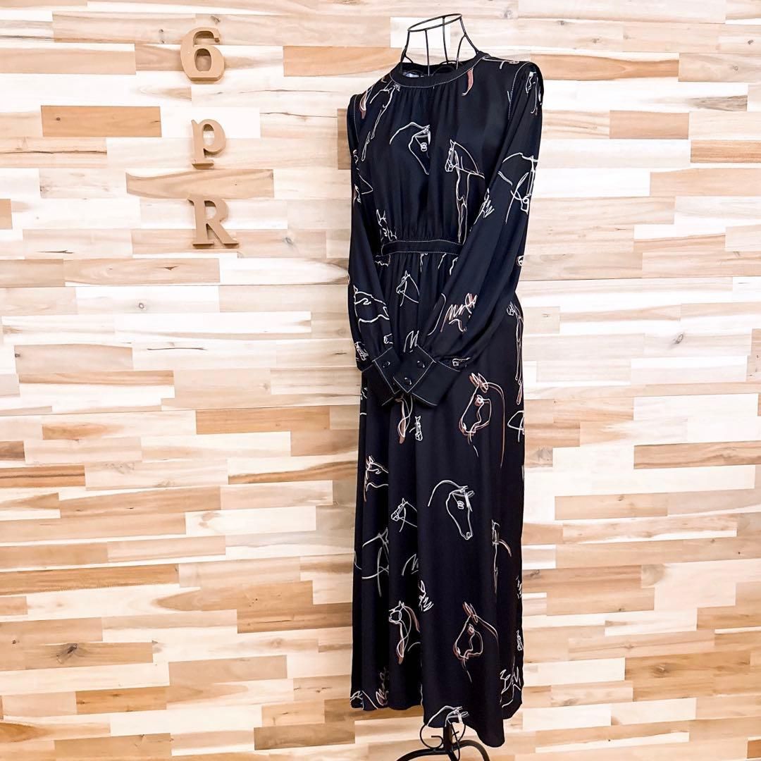 稀少 エイミーロウ ホース アート アニマル デザイン ワンピース 黒×ベージュ 馬 プリント 長袖 クルーネック ブラック