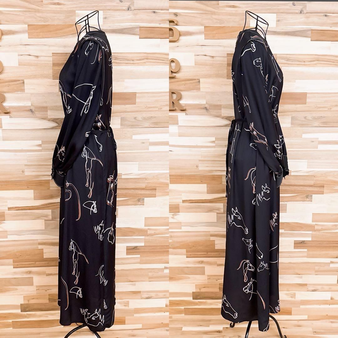  エイミーロウ ホース アート アニマル デザイン ワンピース 黒×ベージュ 馬 プリント 長袖 クルーネック ブラック 長袖 七分袖 カットソーワンピース