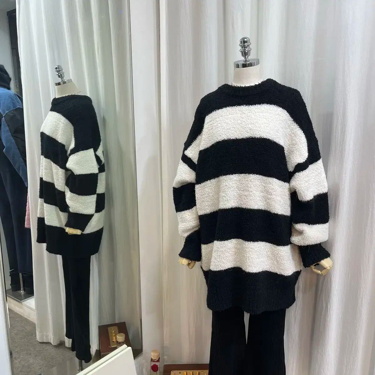 アンゴラニット ウールニット ボーダー柄ニット ストライプニット ニット ロング丈 ラウンドネック ニット