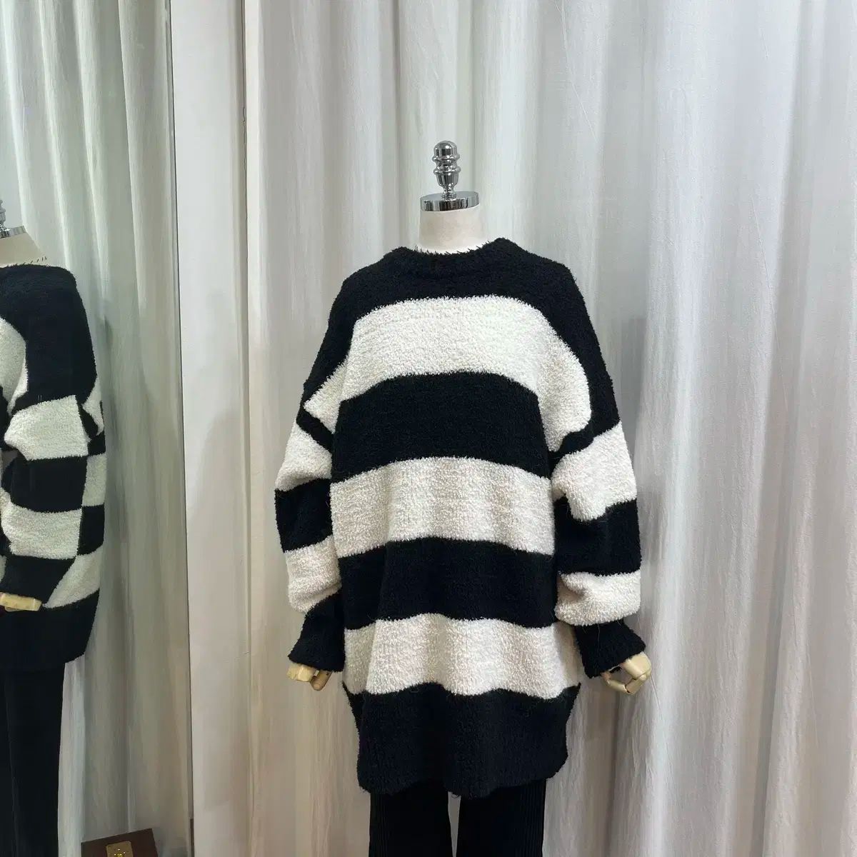 アンゴラニット ウールニット ボーダー柄ニット ストライプニット ニット ロング丈 ラウンドネック ニット