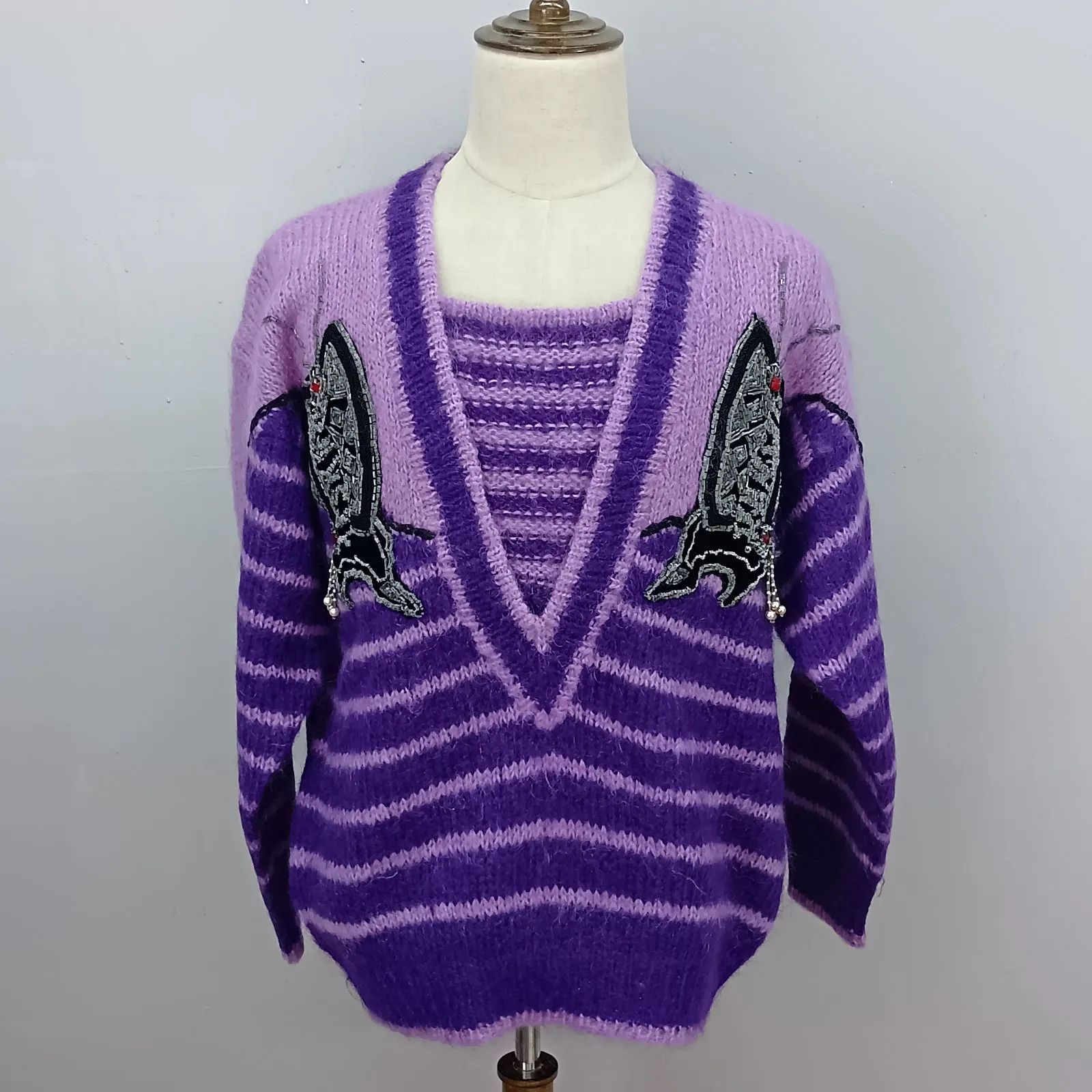 山本寛斎 Мサイズ ニットセーター パープル Vネック KANSAI O2