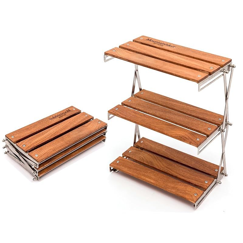 Mountainhiker 卓上ラック 3段折りたたみキャンプラック 木製ポータブル収納ラック 軽量2kg 耐荷重10kg 防錆ステンレスフレーム 屋外屋内使用 キャンプ バーベキュー ハイキング オフィスデスクの装飾ラックに最適
