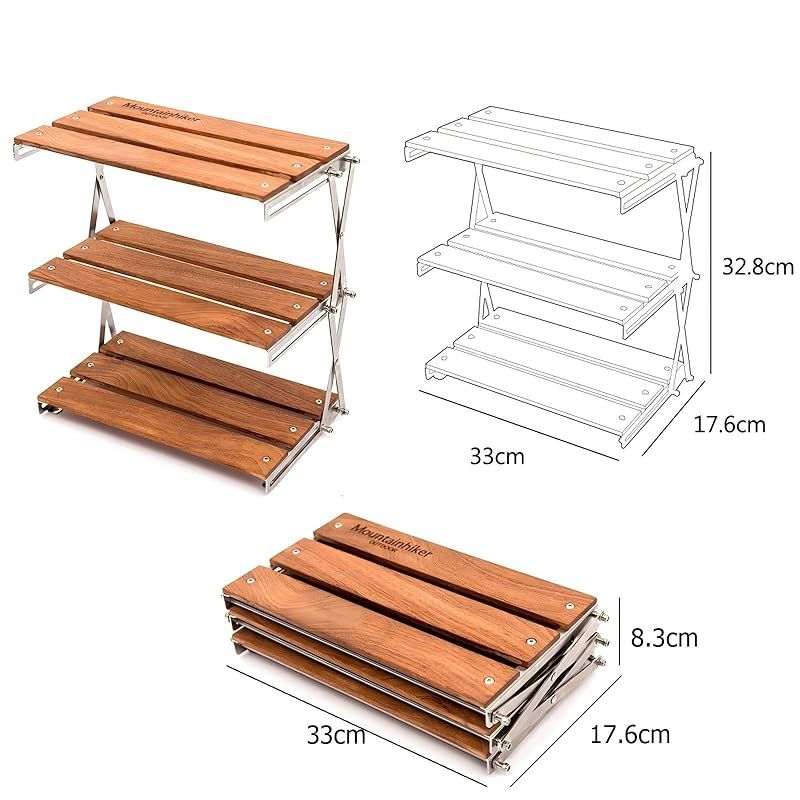 Mountainhiker 卓上ラック 3段折りたたみキャンプラック 木製ポータブル収納ラック 軽量2kg 耐荷重10kg 防錆ステンレスフレーム 屋外屋内使用 キャンプ バーベキュー ハイキング オフィスデスクの装飾ラックに最適 OLIVEOS_COM_TR