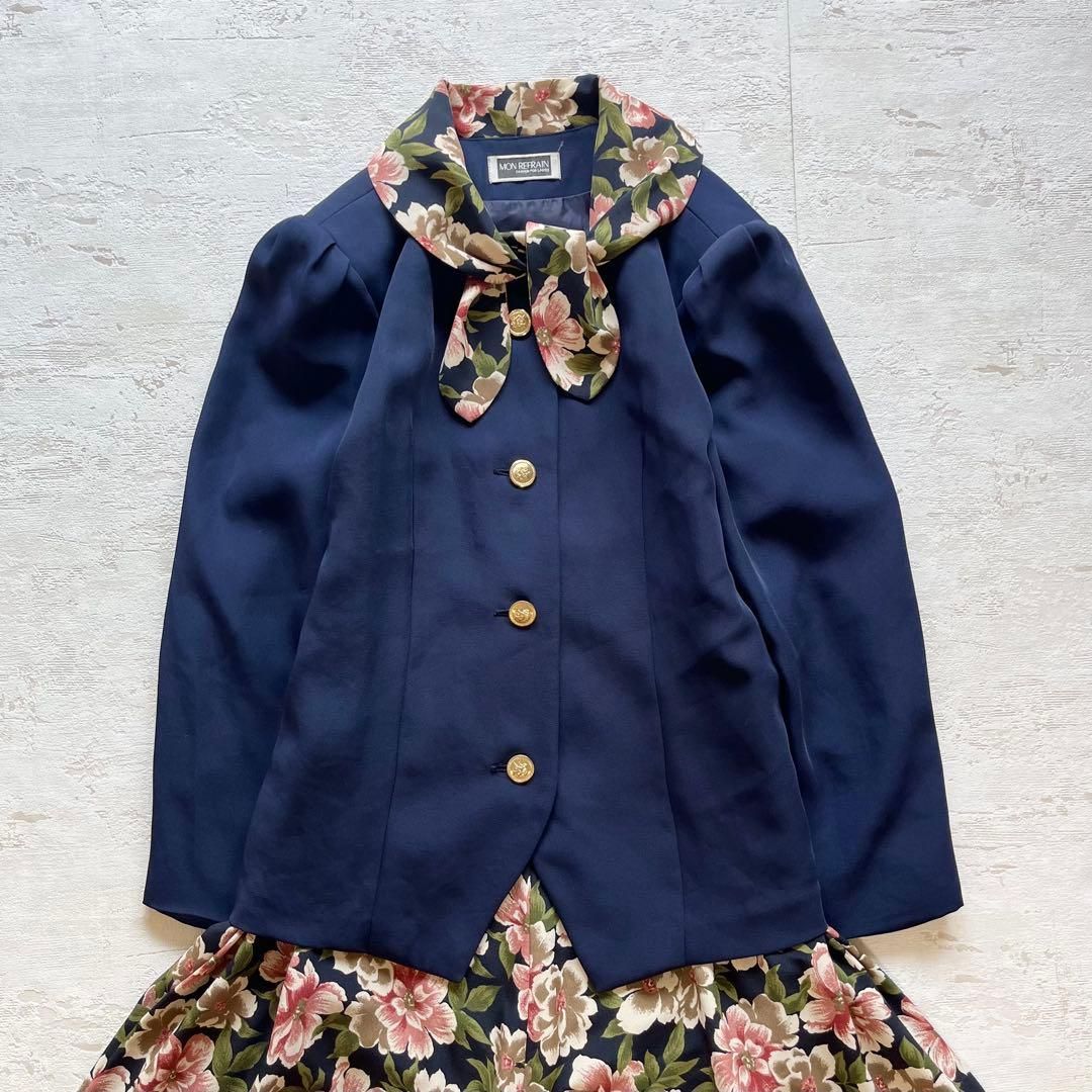 昭和レトロ花柄ボウタイ付きセットアップ ネイビー クラシカル上品スタイル Q1
