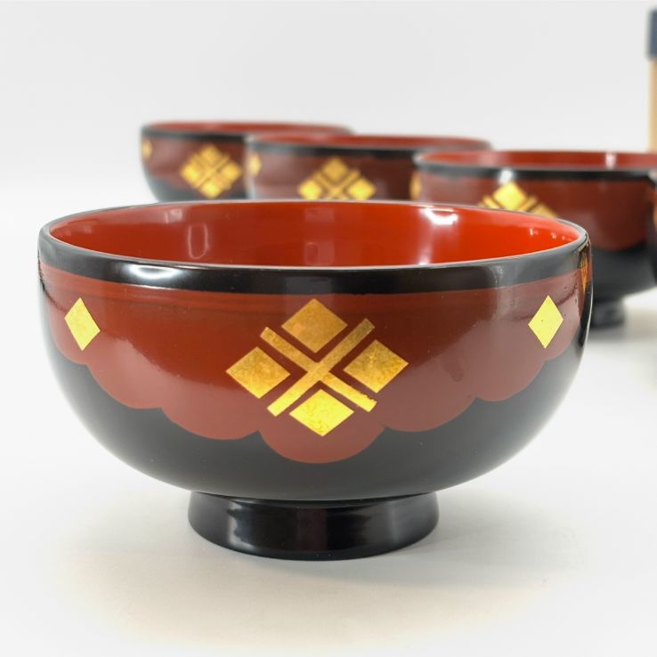 秀衡塗】外黒内朱 有職菱紋 椀揃 / 南部塗 南部漆器製造元『