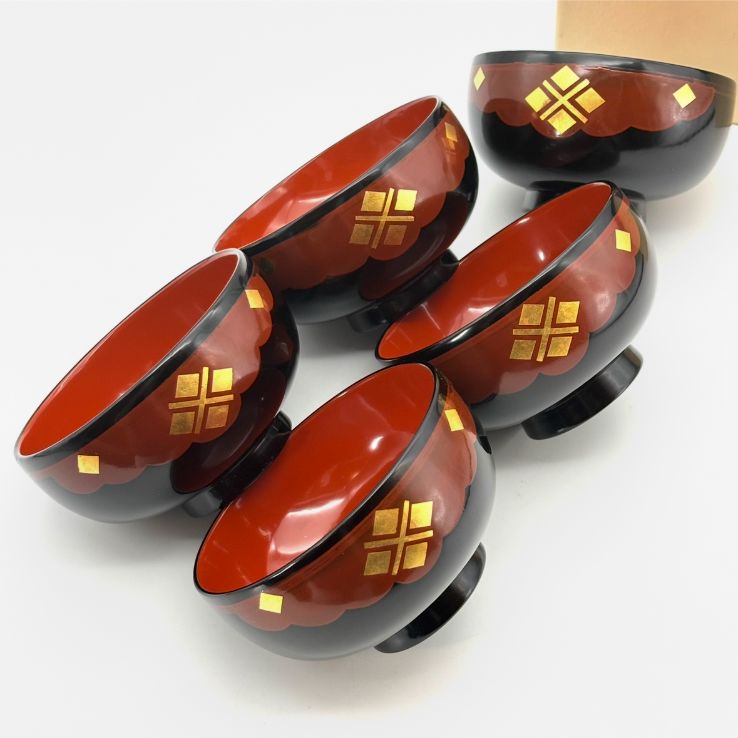 秀衡塗】外黒内朱 有職菱紋 椀揃 / 南部塗 南部漆器製造元『漆器の君塚