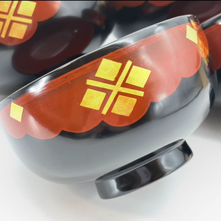 秀衡塗】外黒内朱 有職菱紋 椀揃 / 南部塗 南部漆器製造元『漆器の君塚