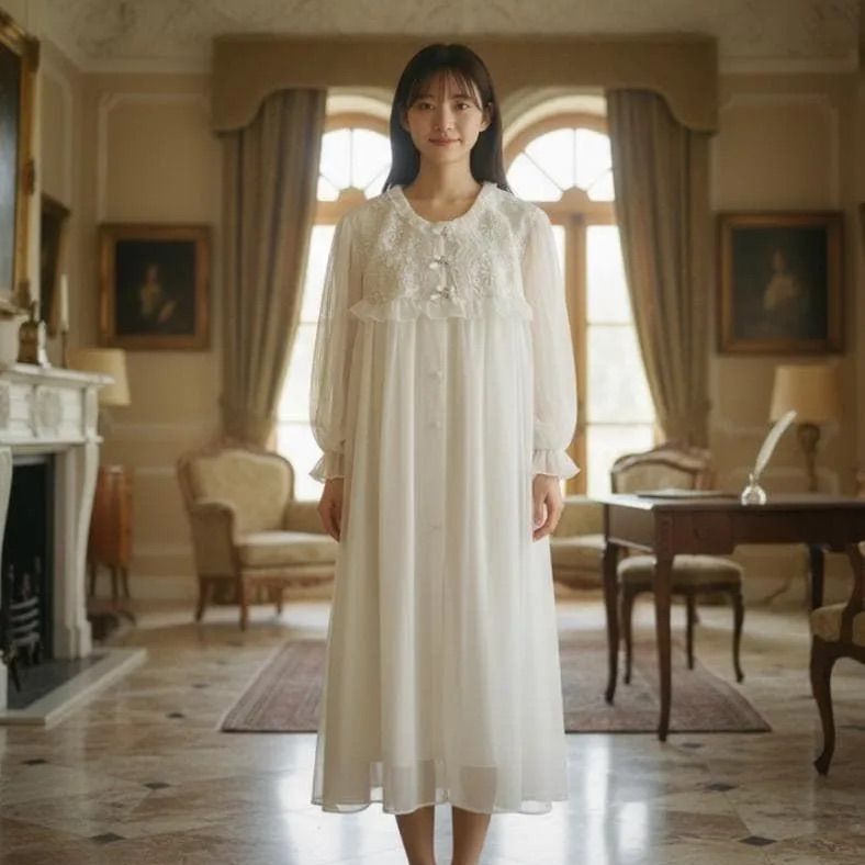昭和レトロ レースガウンワンピース 花刺繍×ふんわり袖 クラシカルで上品 ab