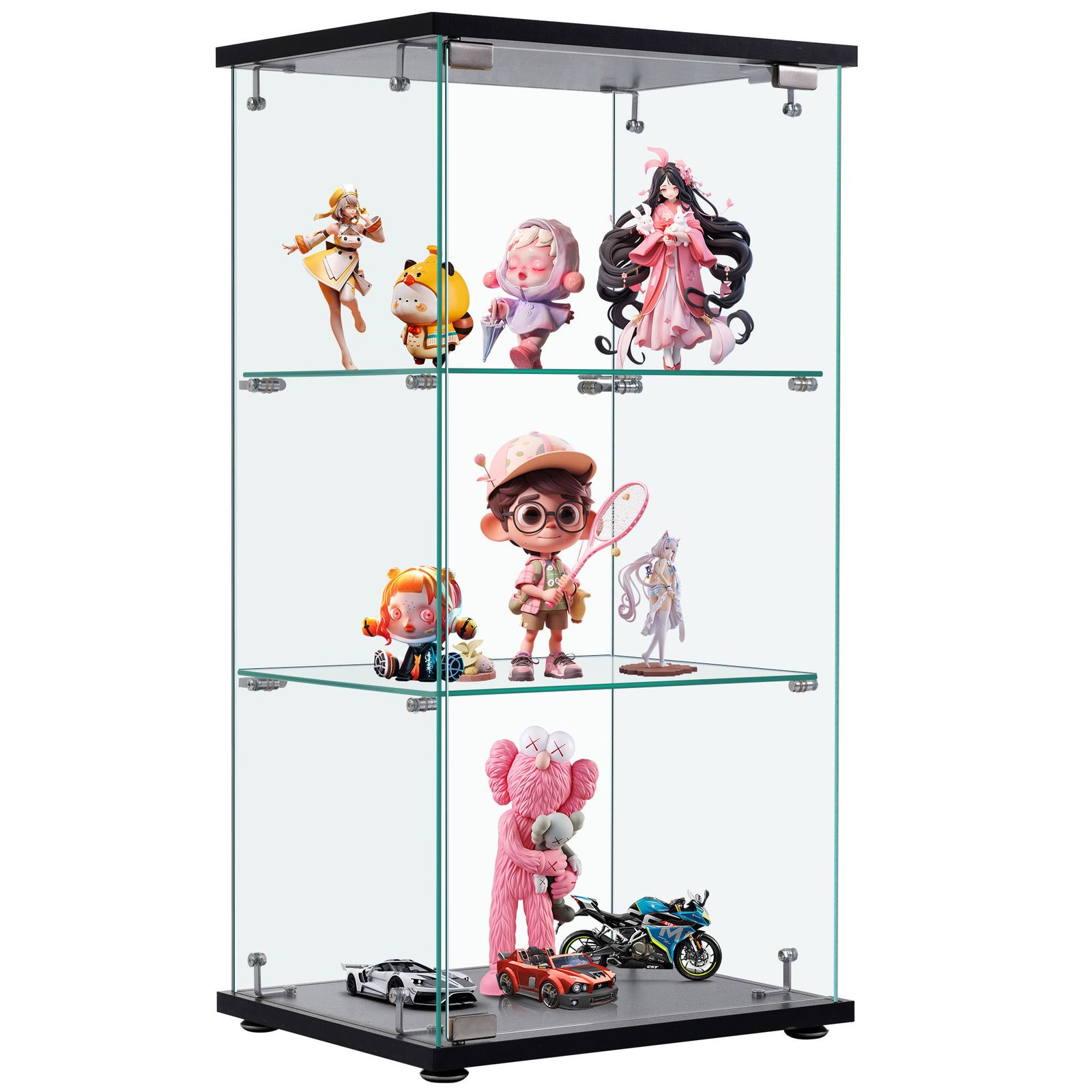 ケース ガラスディスプレイキャビネット フィギュアケース 3段 ブラック 強化ガラス 全面ガラス サイズ 幅42.5×奥行36.5×高さ86 cm