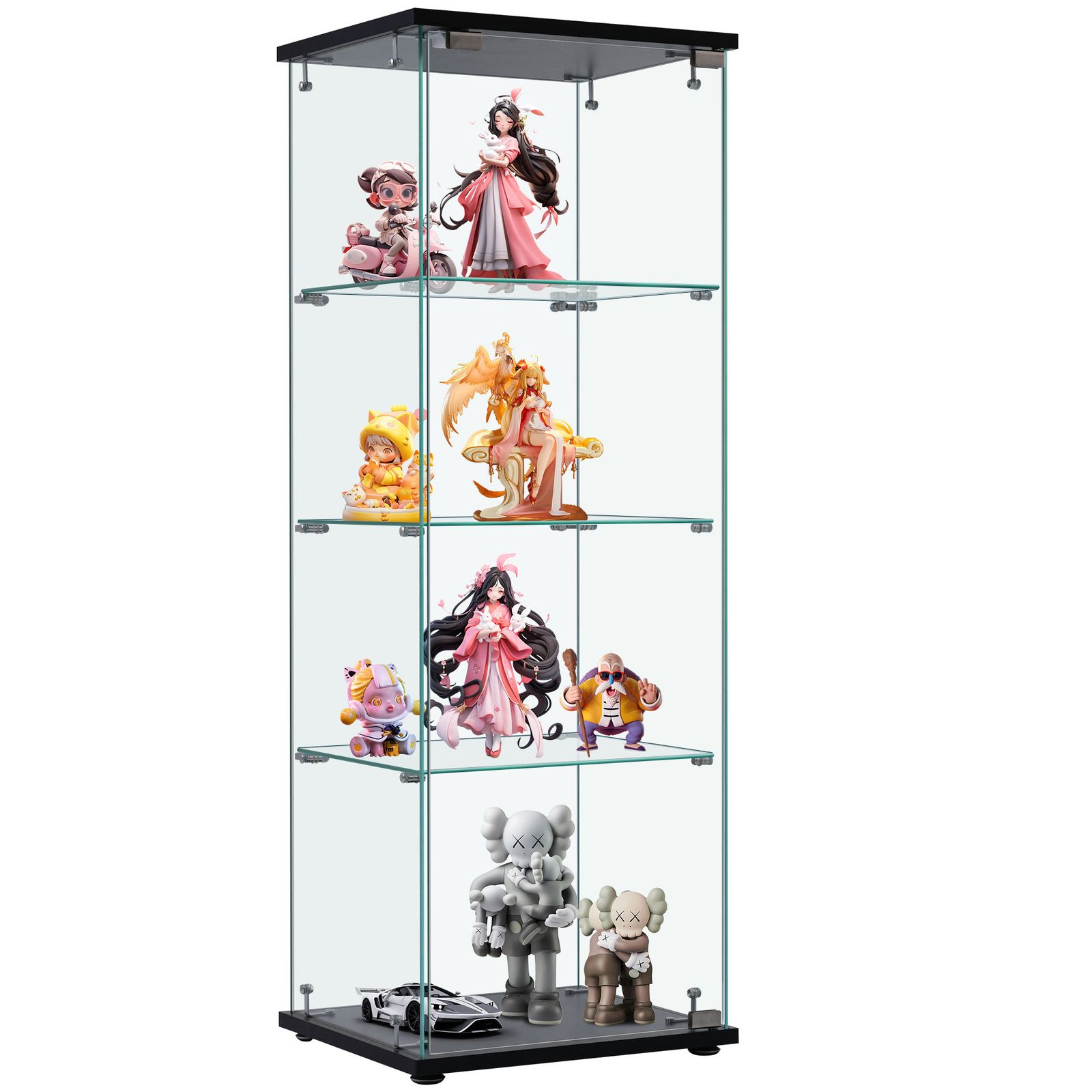 ケース ガラスディスプレイキャビネット フィギュアケース 4段 ブラック 強化ガラス 全面ガラス サイズ 幅42 5 奥行36 高さ120 cm