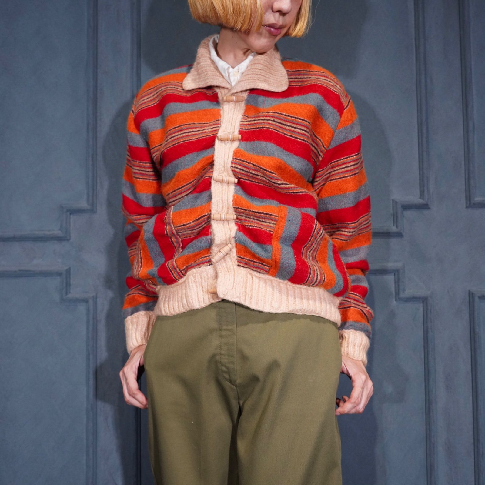 USA VINTAGE BORDER PATTERNED TOGGLE BUTTON HAND MADE DESIGN WOOL JACKET アメリカ古着ボーダー柄トグルボタンハンドメイドデザインウールジャケット