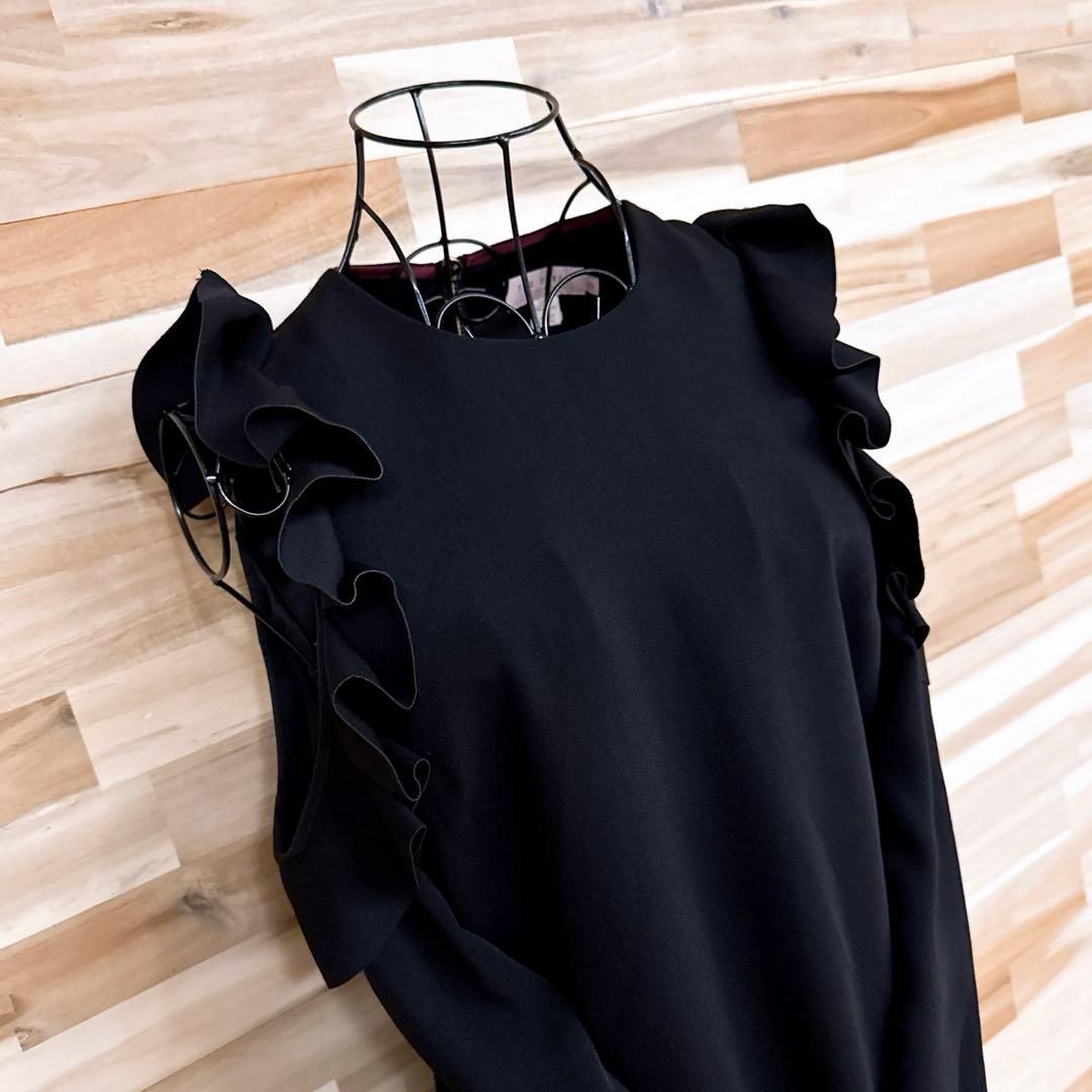  テッドベーカー フリル オープンショルダー ドレス ワンピース 黒ブラック×金ゴールド バックジップ クルーネック 長袖 長袖 七分袖 ひざ丈ワンピース