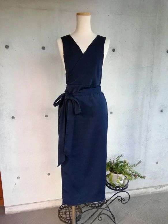 4L 6L ストレッチスエード ネイビー 茶道お稽古用エプロン羽織って着るウエストリボン127100-35-2