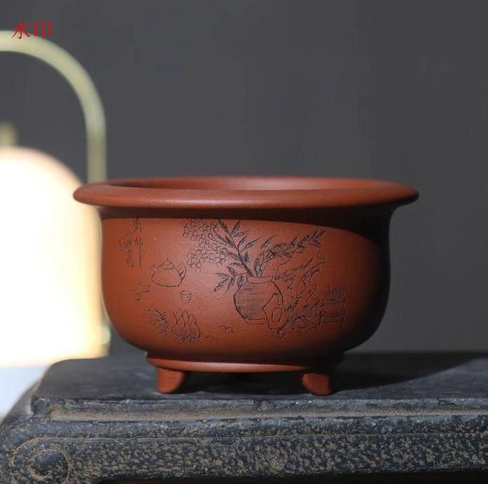 清宮図を刻絵紫砂の鉢 盆栽鉢 植木鉢 小品盆栽鉢 大品盆栽鉢