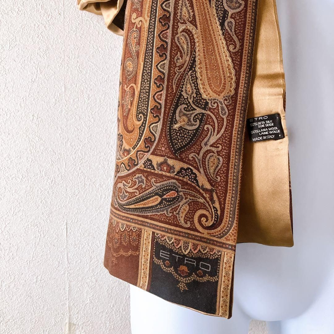ETRO エトロ ペイズリー柄 リバーシブル ストール ラナウール×シルク 茶 ブラウン系 秋冬コーデ ウールシルク シック リバーシブルストール