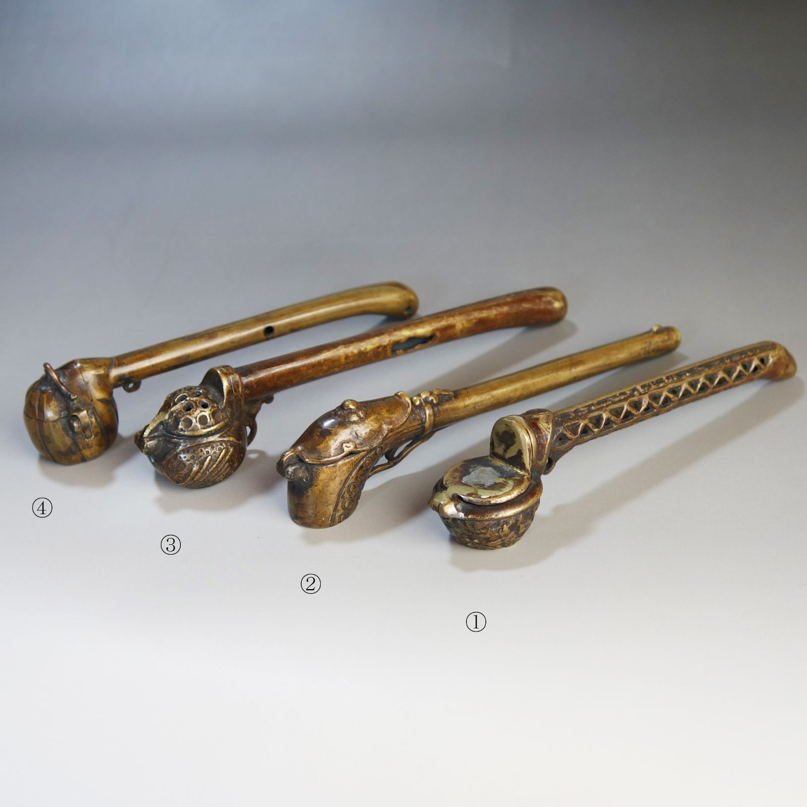 矢立 【 真鍮製 装飾 矢立 4点 】書道具 骨董 古美術 アンティーク