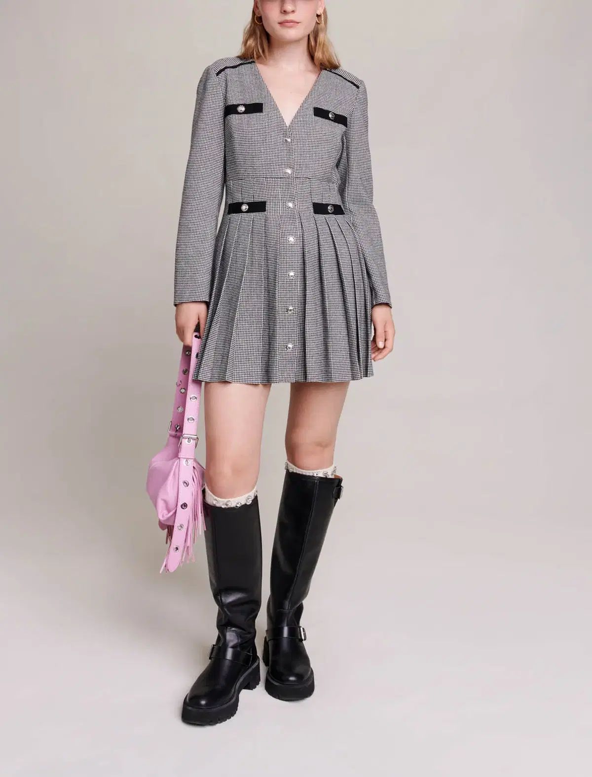 マージュ ハウンドトゥース プリーツ ミニ ドレス