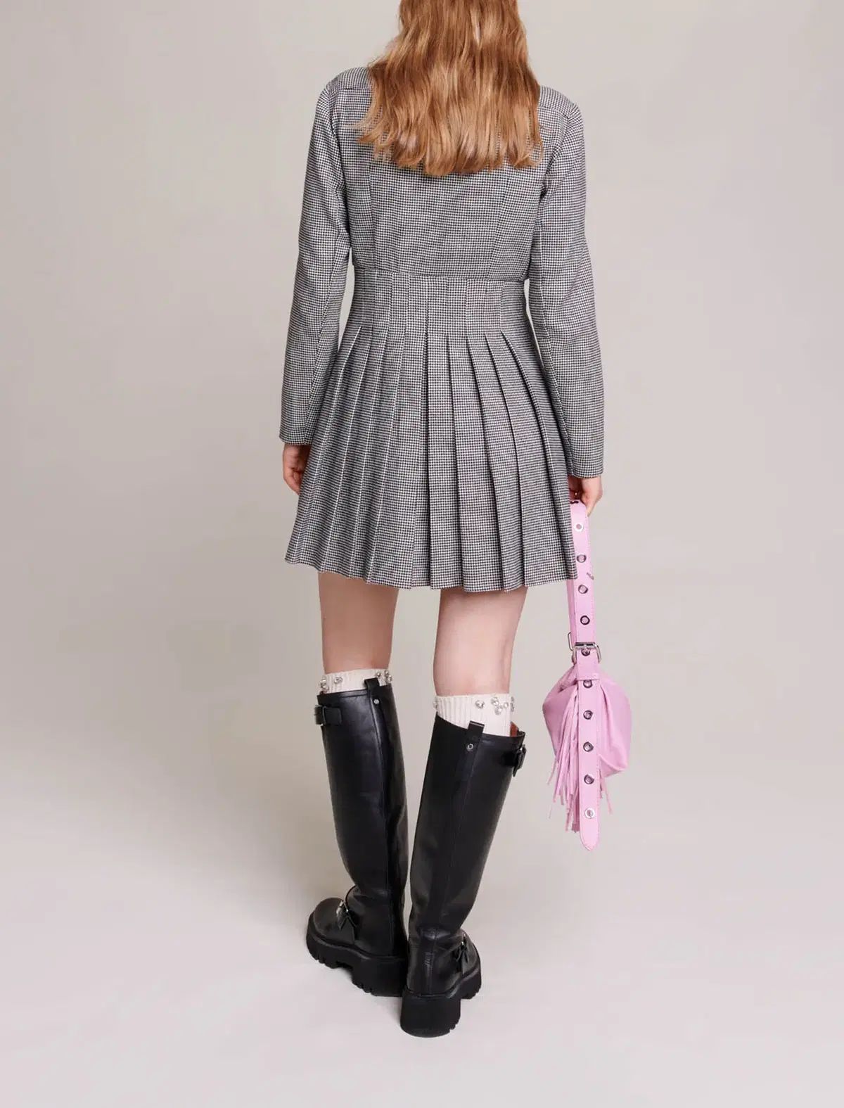  マージュ ハウンドトゥース プリーツ ミニ ドレス 長袖 七分袖 ひざ丈ワンピース