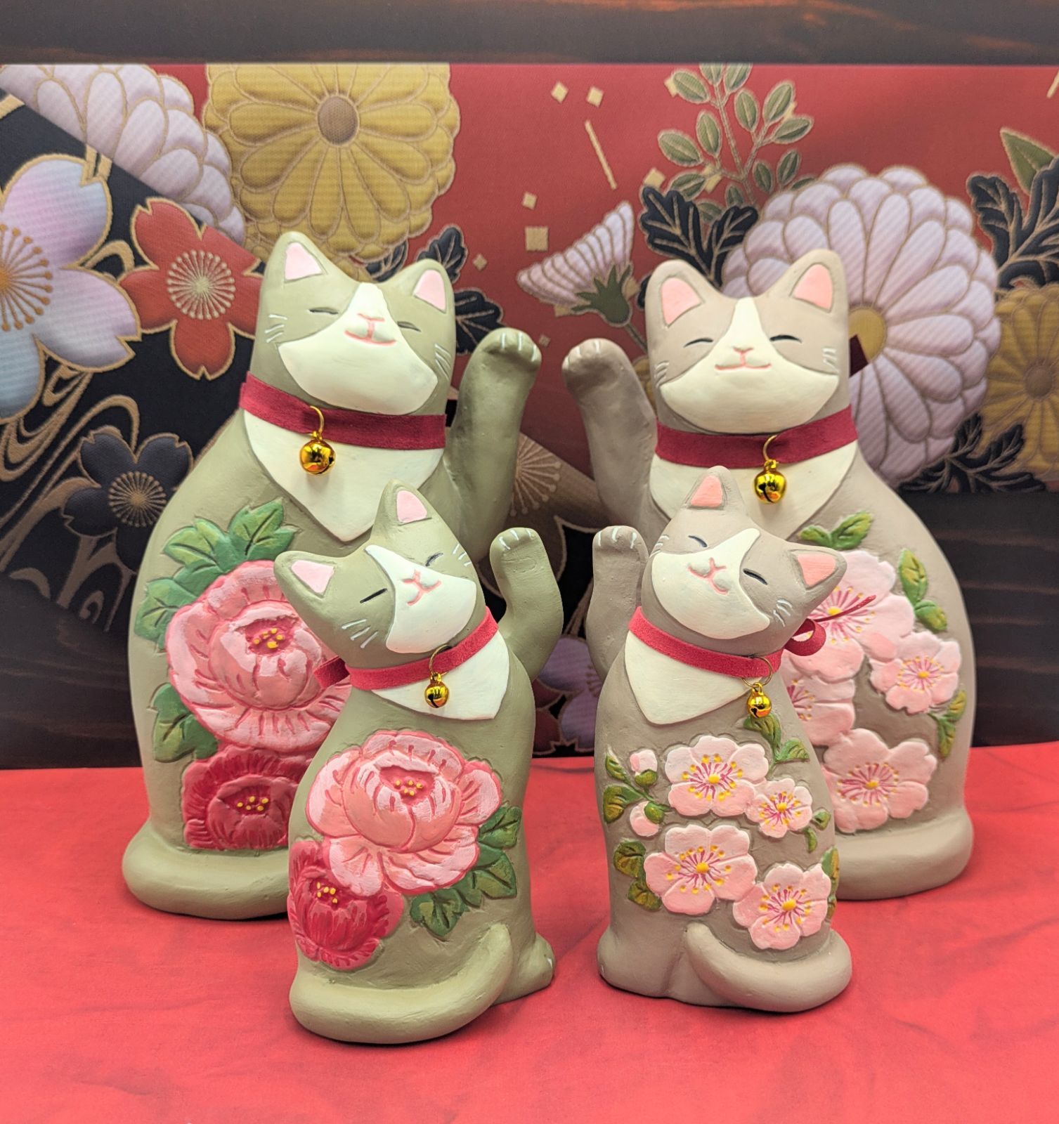 縁起物 招き猫 花招き猫 大小 桜 右手上げ ぼたん 左手上げ 4種セット セトクラフト 開運 招福 千客万来 商売繁盛