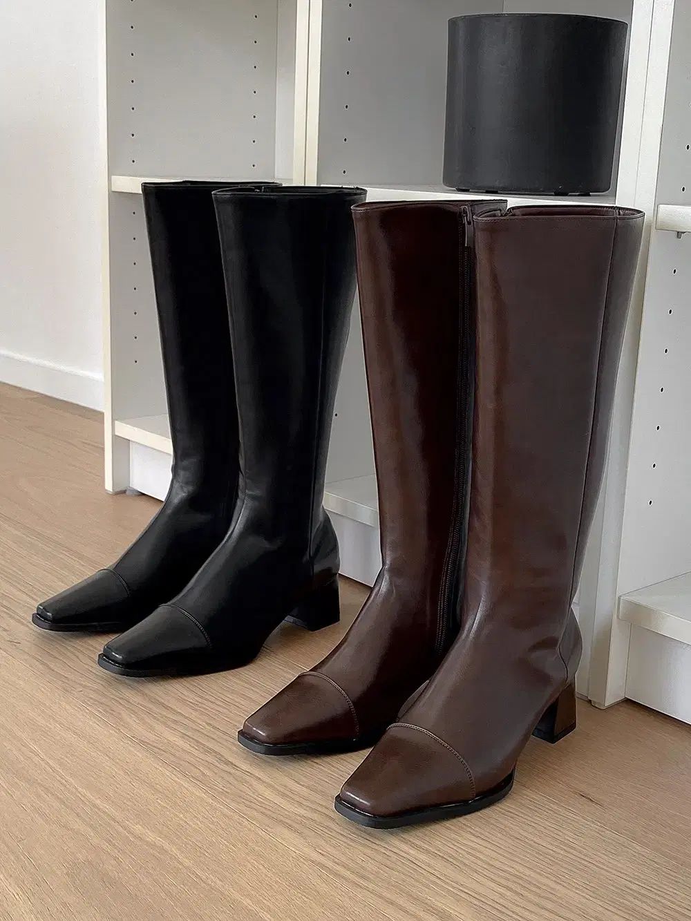 スクエアトゥ デイリー ベーシック 基本 ロング ブーツ ヒール5 cm サイズ225-250