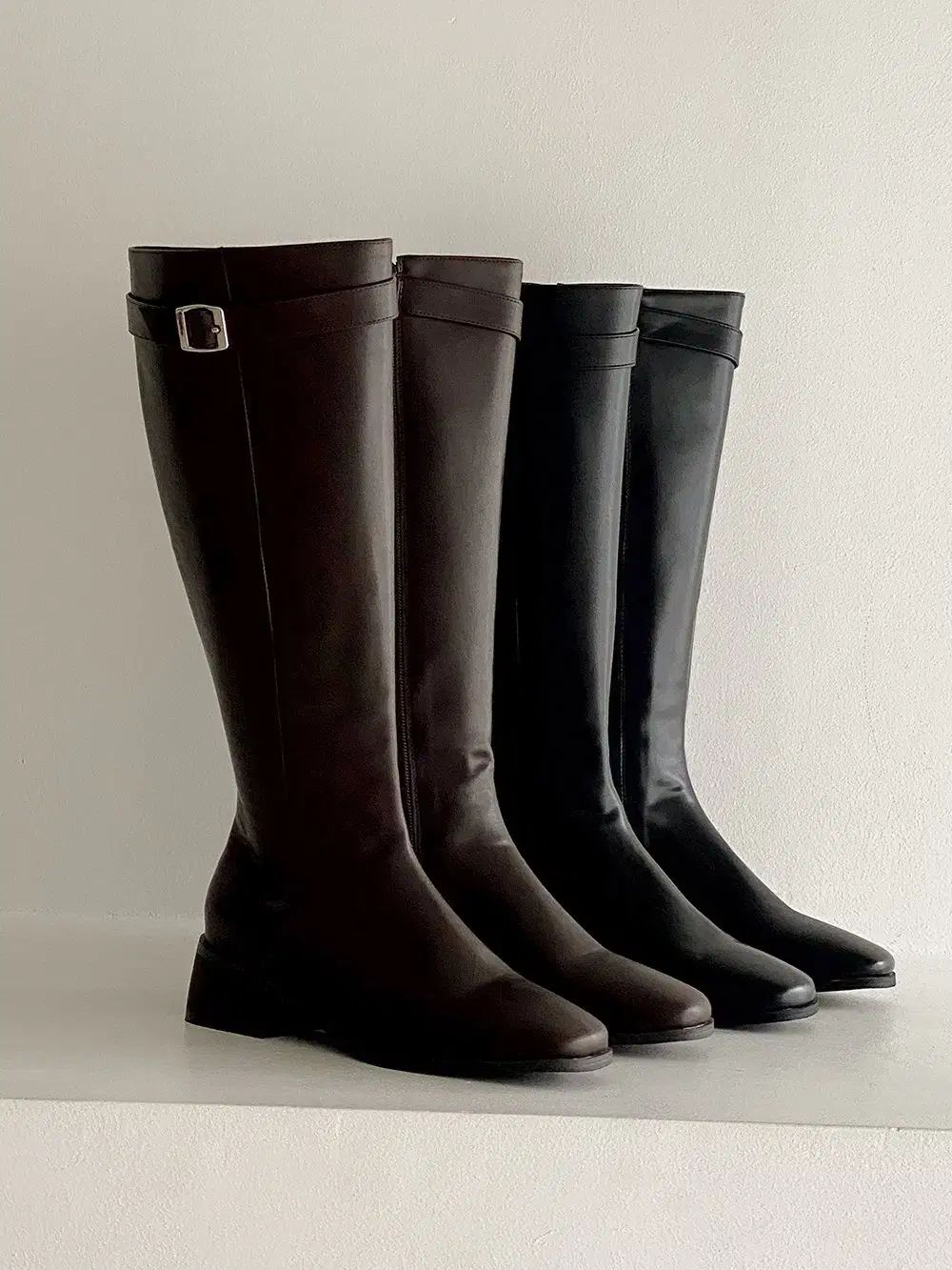 バックルポイント スクエアトゥ デイリー ベーシック 基本 ロングブーツ ヒール5 cm サイズ225 250