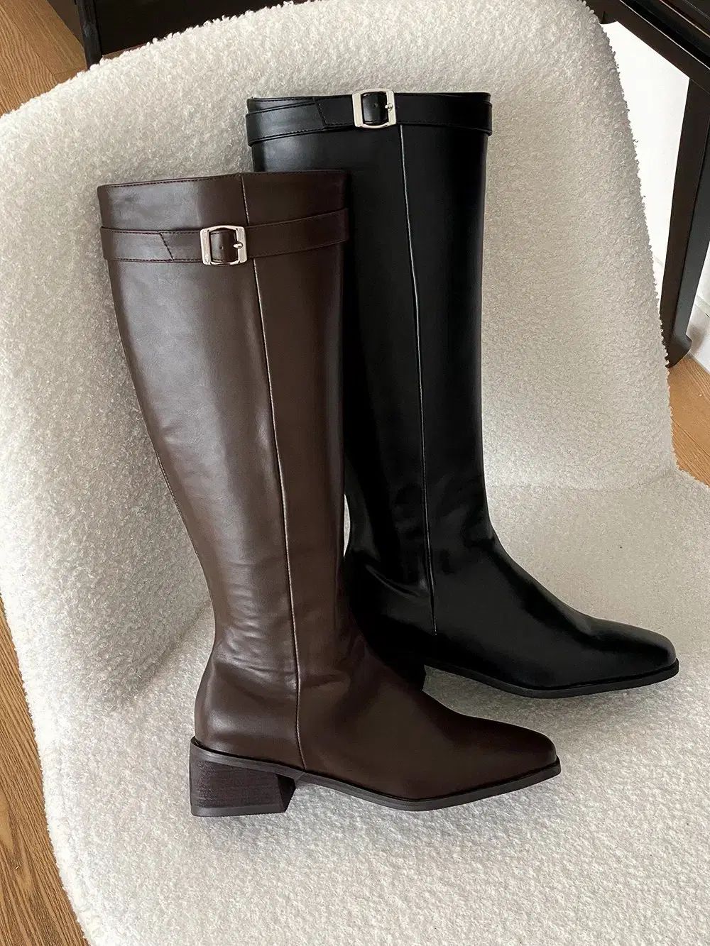 バックルポイント スクエアトゥ デイリー ベーシック 基本 ロングブーツ ヒール5 cm サイズ225-250