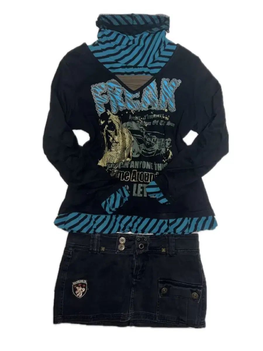 コーディネートセット ヴィンテージ パンク ギャル ボーダー柄 タートルネック レイヤード プリンティング Tシャツ デニムスカート