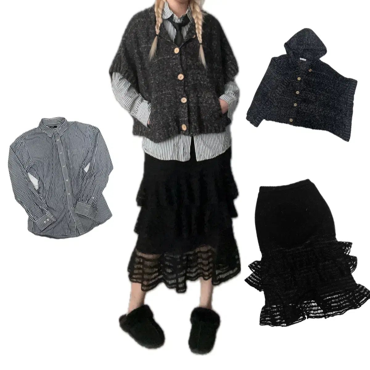 コーディネートセット 日本人 ブラックウール プレッピー y2k ケープ シャツ コーディネートセット
