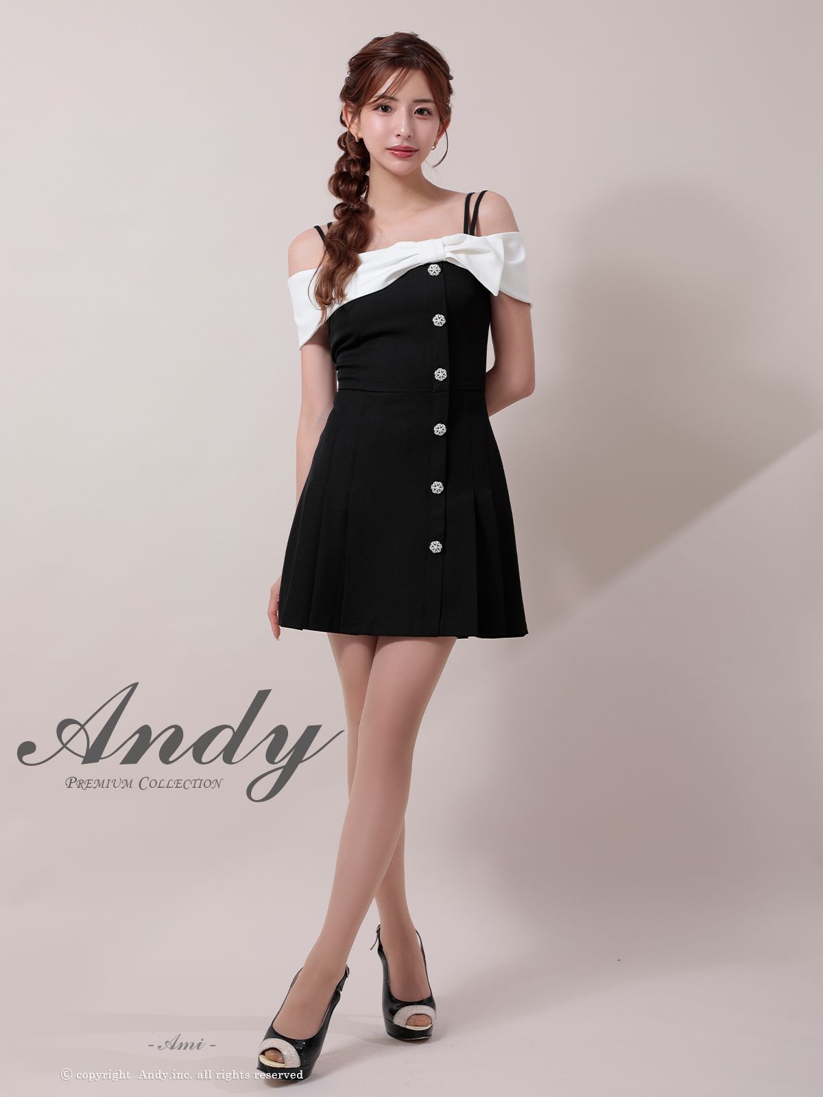 ブラック OK2974-GY-2508 ANDY アンディ オフショルダー 半袖 バイ キャミ リボンモチーフ バイ プリーツ フ ミニドレス キャバドレス