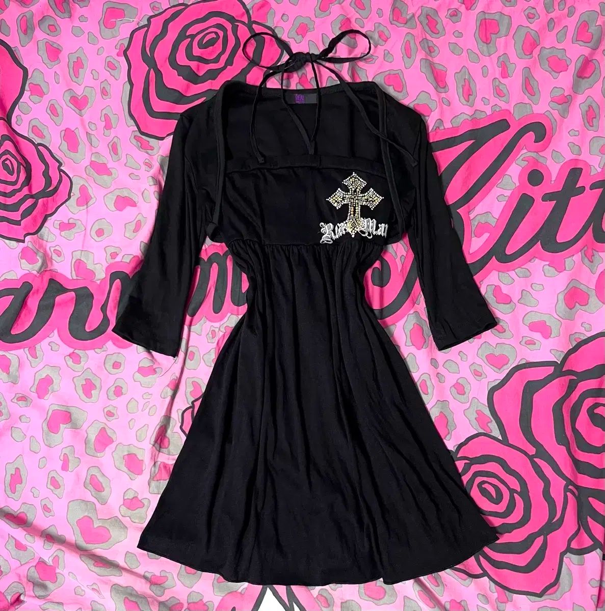 MA RS マズ キュービックストーン 十字架 ホルター ワンピース セット 姉ギャル パンク y2k ピン