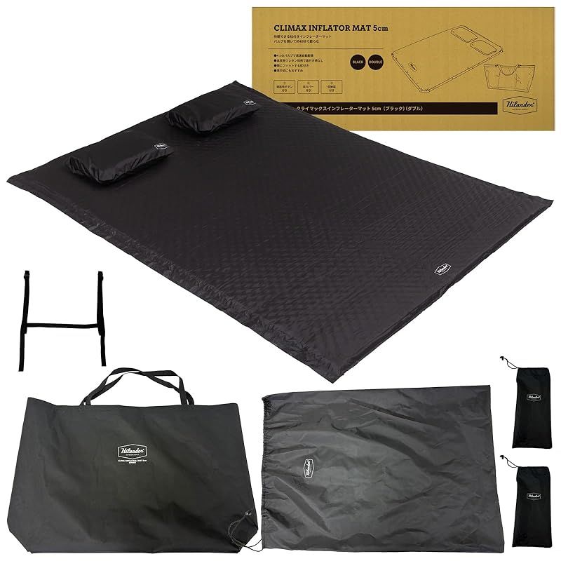 Hilander ハイランダー クライマックスインフレーターマット ダブル 8cm 5cm インフレータブル 車中泊 5cm ダブル ブラック 枕付き ウレタン コンパクト 快適 快眠 爆睡 エアマット 自動膨張 逆流防止弁 腰痛 2人用 連結