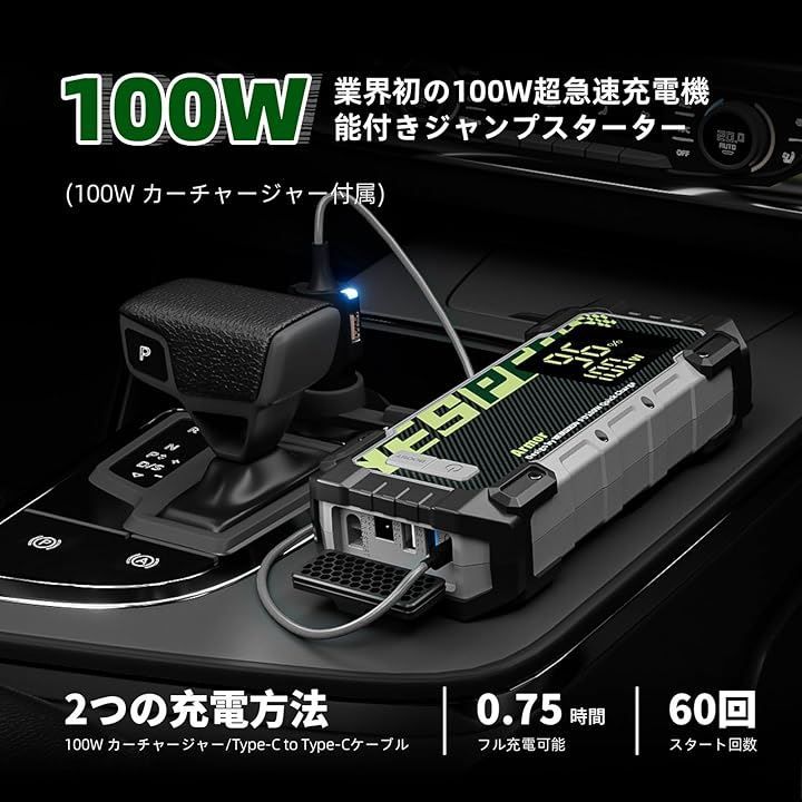 YESPER ジャンプスターター 12V車用ディスプレイ付き 4000A 最大10.0L 